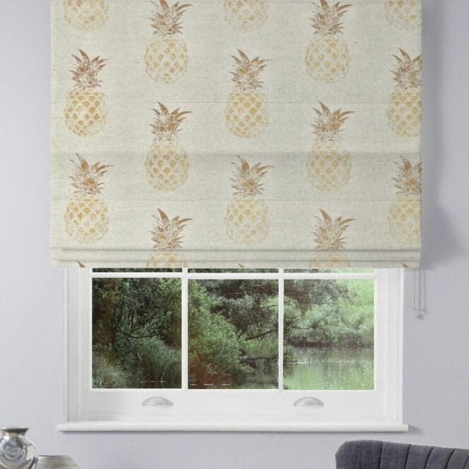 Barneby Gates Pineapple Gold on Natural Roman Blind
