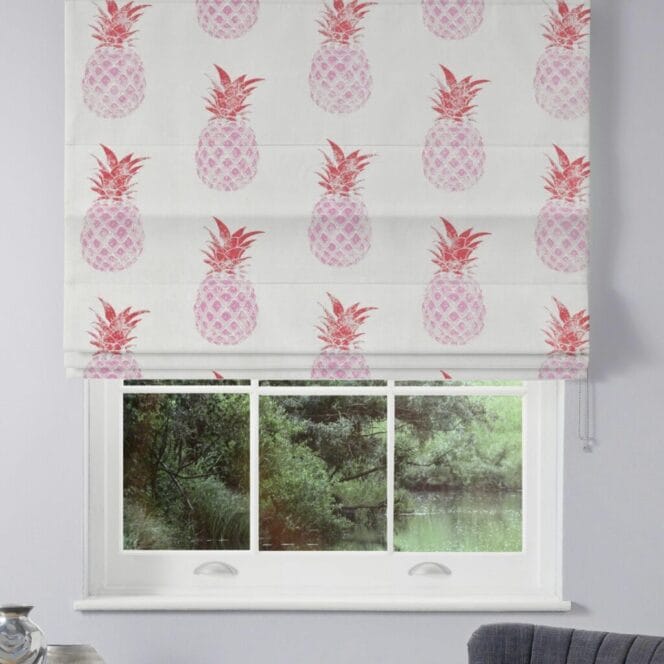 Barneby Gates Pineapple Pink/Red on Cream Roman Blind