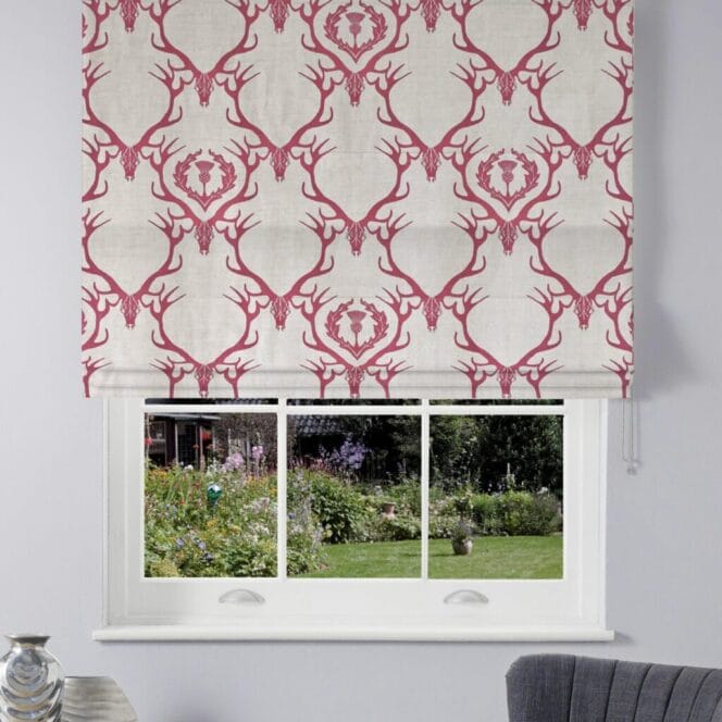 Barneby Gates Deer Damask Claret Roman Blind