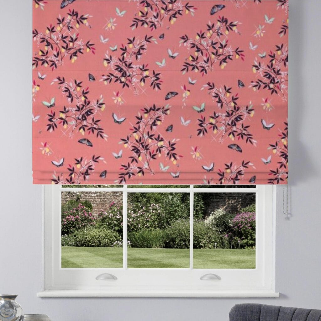 Sara Miller Butterflies and Trellis Sateen Peach Roman Blind