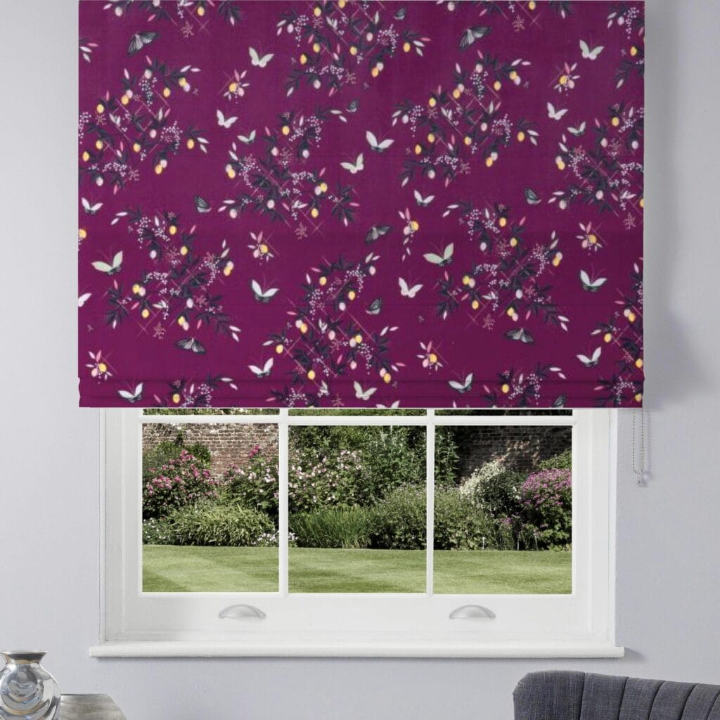 Sara Miller Butterflies and Trellis Velvet Purple Roman Blind