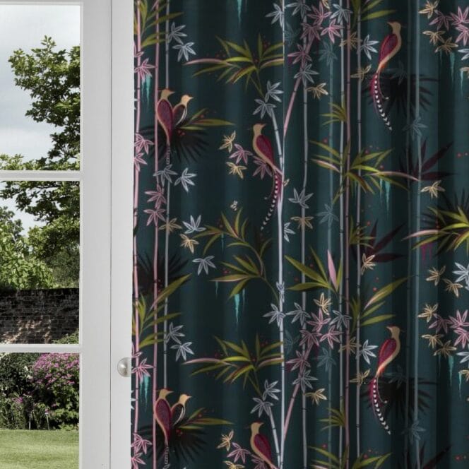 Sara Miller Linear Bamboo Velvet Dark Green Curtains