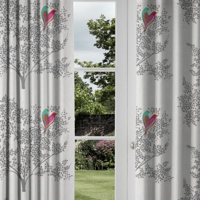 Sara Miller Love Birds Velvet Pale Grey Curtains