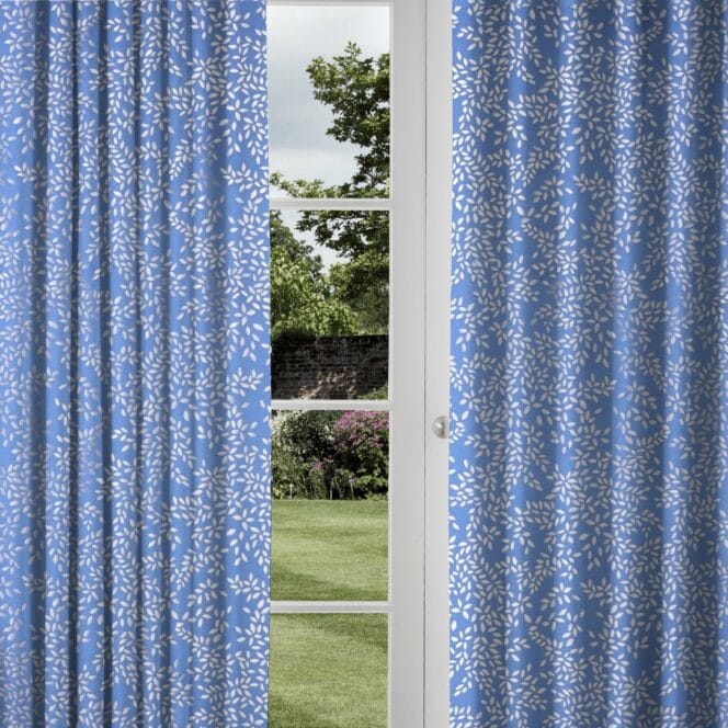 Sara Miller Metallic Leaves Cornflower Blue Curtains