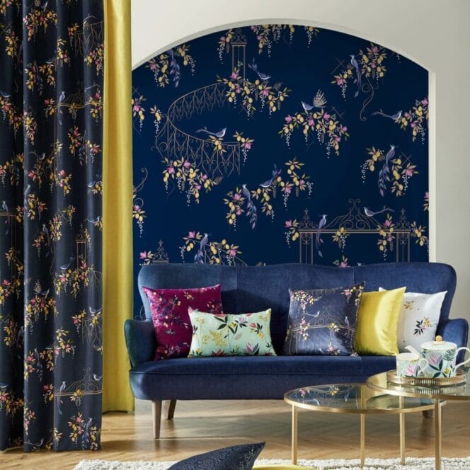 Sara Miller Bird and Gate Velvet Deep Navy Curtains