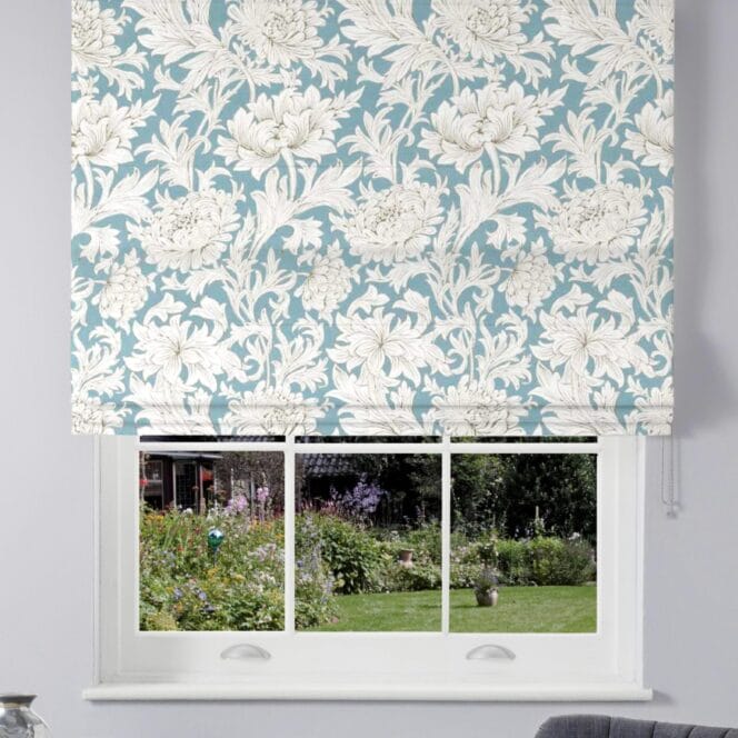 Morris & Co Chrysanthemum Toile Cochineal Slate Roman Blind