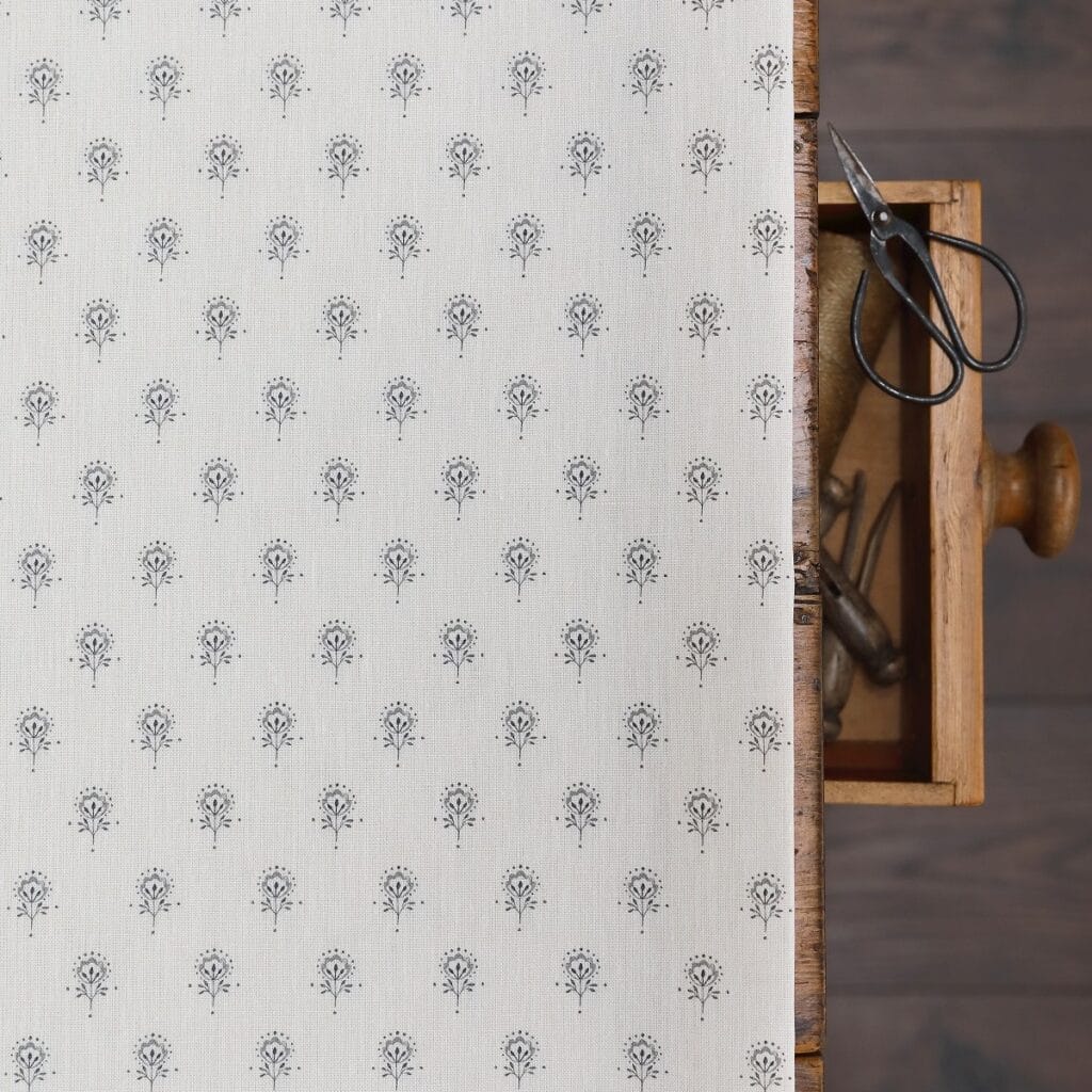 Peony and Sage Ottillie Sprigs Charcoal on Ivory Linen Roman Blind