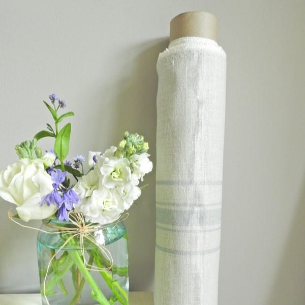 Peony and Sage Danish Stripe Ribbon Blue on Grainsack Linen Roman Blind