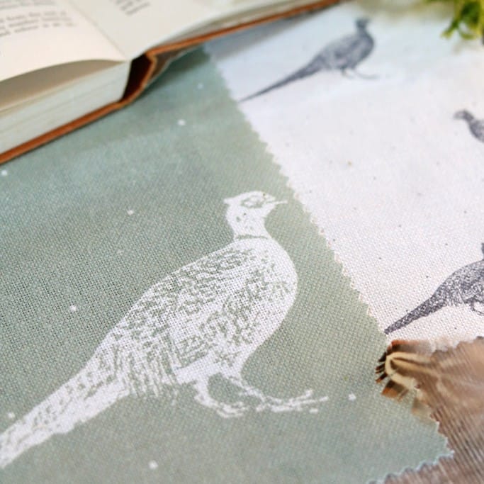 Meg Morton Fontmell Pheasant Linen White on Lichen Curtains
