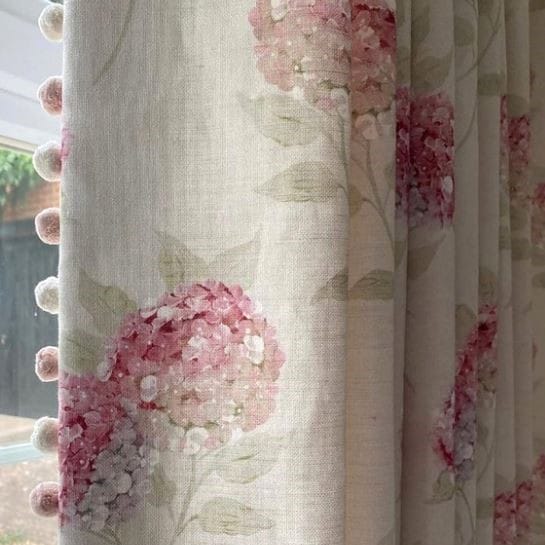 Meg Morton Hydrangea Linen Pastel Pink on Mist Curtains